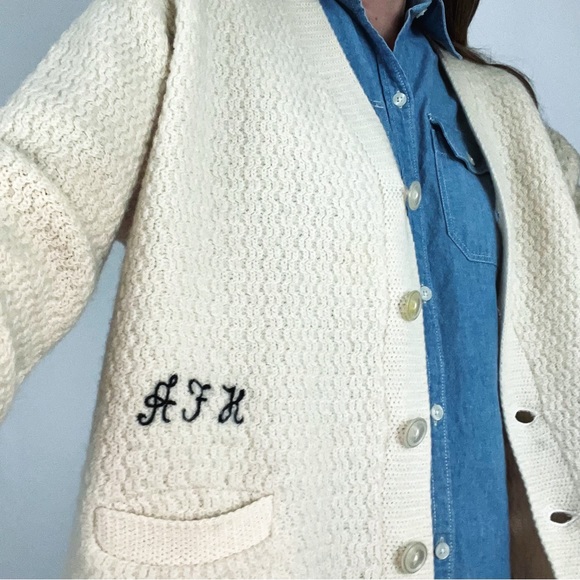 Vintage Sweaters - Vintage 60’s Monogrammed Knit V-Neck Button-Front Cardigan | Size M